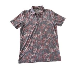 Travis Mathew Mens Polo Shirt Medium Red Grey Tropical Palm Leaf Print Golf Tee
